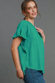 Umgee Full Size Raw Hem Ruffle Short Sleeve Blouse Plus Size Blouses