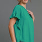 Umgee Full Size Raw Hem Ruffle Short Sleeve Blouse Plus Size Blouses