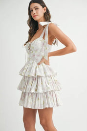 MABLE Floral Print Shoulder Tie Layered Mini Dress | Daverri Fashions