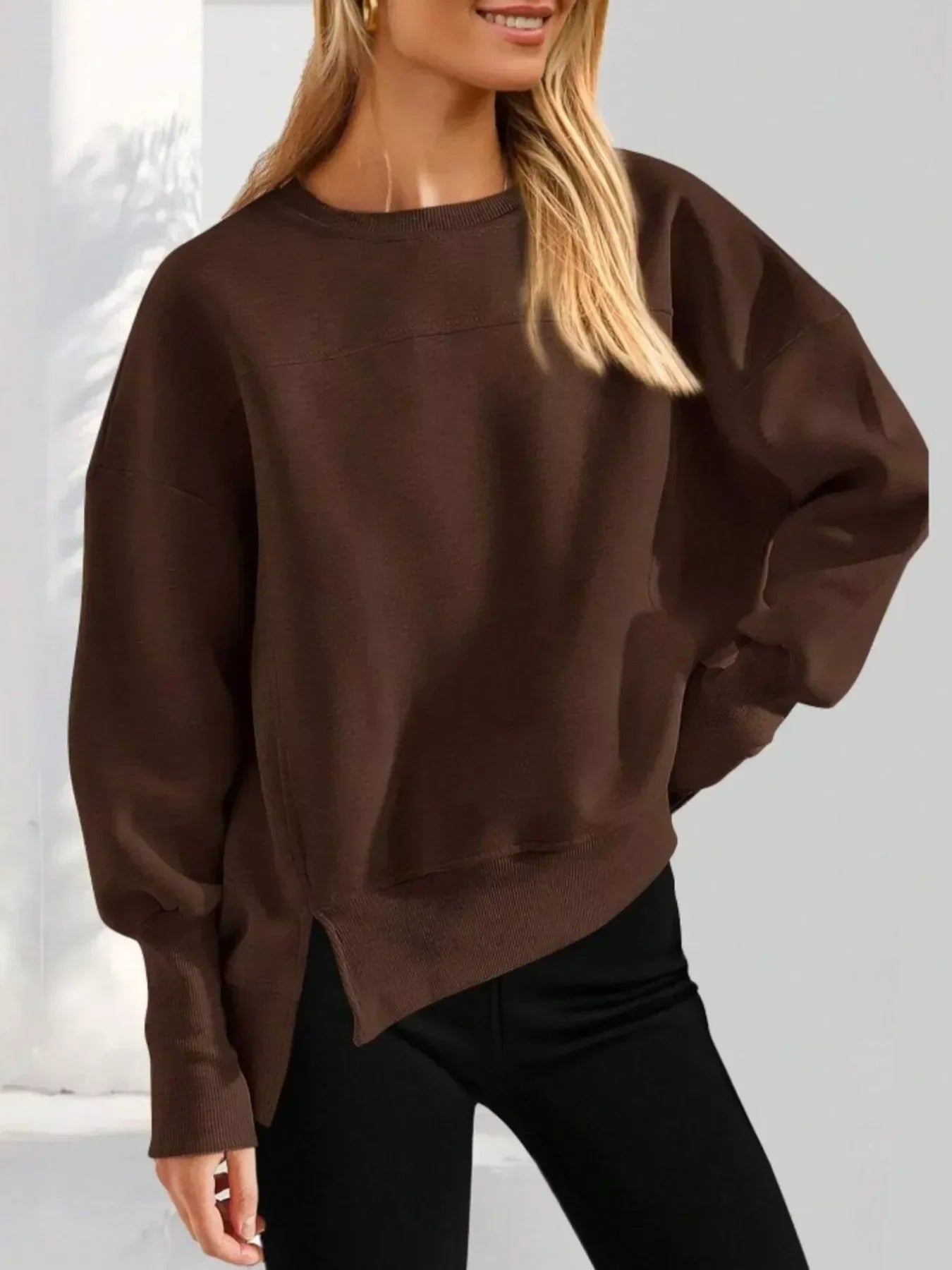 Slit Round Neck Dropped Shoulder Sweatshirt - DAVERRI FASHIONS