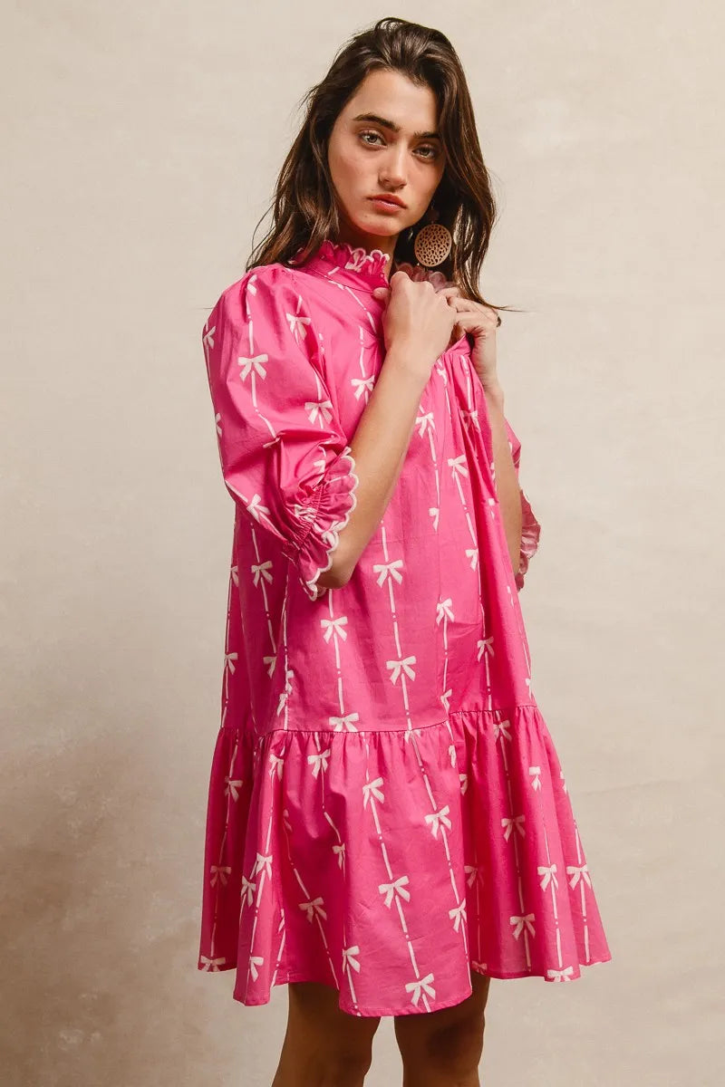 Vibrant pink BiBi ribbon pattern scallop edge short sleeve tiered dress