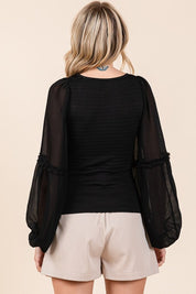 Mittoshop Mixed Media Textured Knit Chiffon Long Sleeve Top