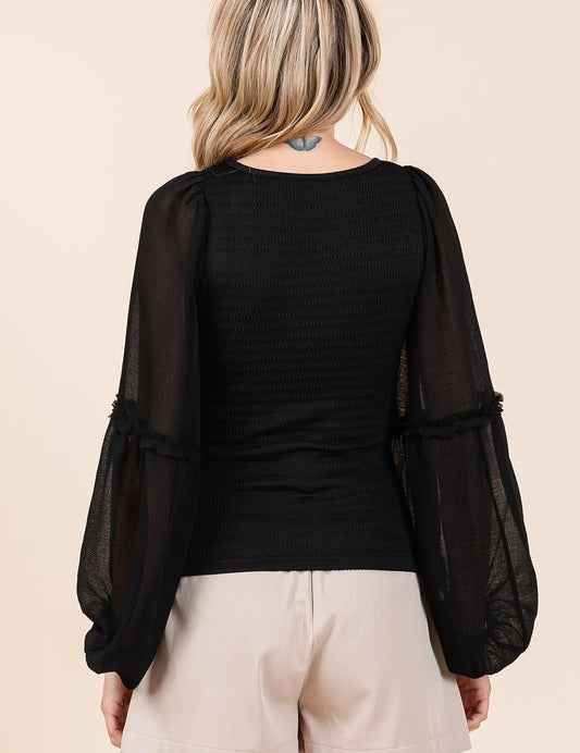 Mittoshop Mixed Media Textured Knit Chiffon Long Sleeve Top