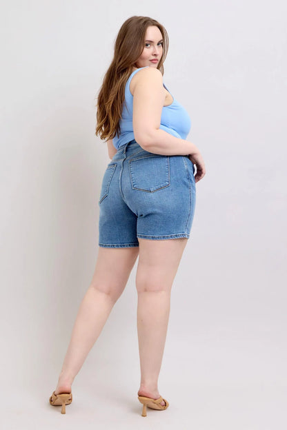 Judy Blue Full Size 2 Button Denim Shorts with Pockets Plus Size - DAVERRI FASHIONS