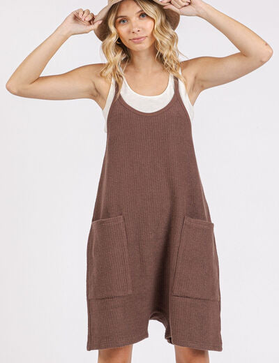 Mittoshop Scoop Neck Spaghetti Strap Overalls with Pockets Brown