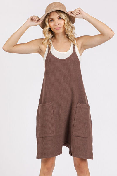 Mittoshop Scoop Neck Spaghetti Strap Overalls with Pockets Brown