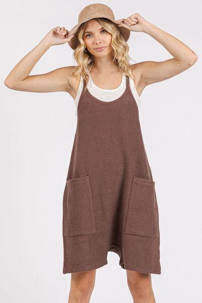 Mittoshop Scoop Neck Spaghetti Strap Overalls with Pockets Brown M