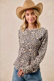 BiBi Leopard Print Washed Waffle Thermal Top with Thumb | Knit Tops Daverri Fashions