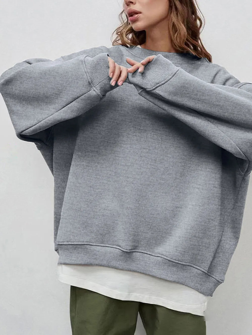 Round Neck Dropped Shoulder Long Sleeve Sweatshirt | Sweatshirts Daverri Fashions