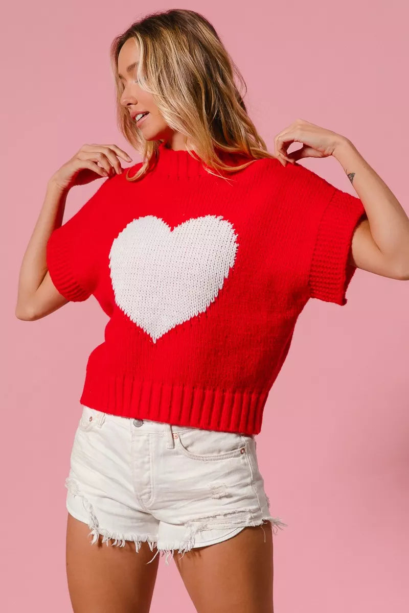 Red knit BiBi Rib Banded Heart Pattern Valentines Sweater
