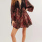 Printed tie neck long sleeve boho mini dress in burgundy black paisley