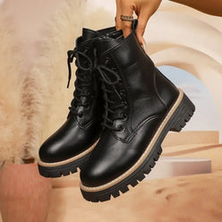 Lace Up Leather Combat Boots with Chunky Sole - DAVERRI FASHIONS