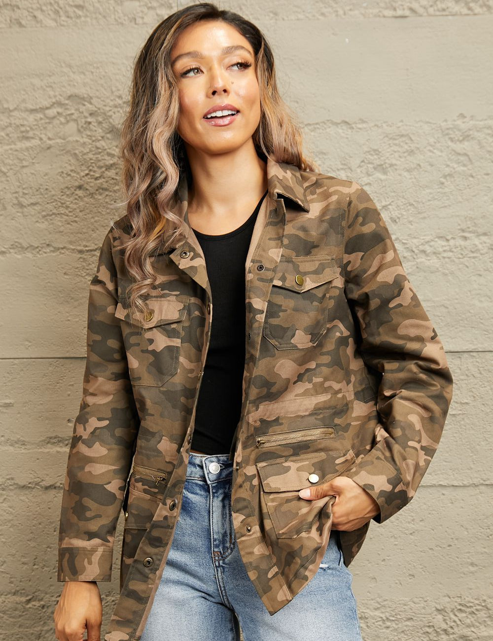 Camouflage Camouflage Snap Down Jacket | Jackets Daverri Fashions