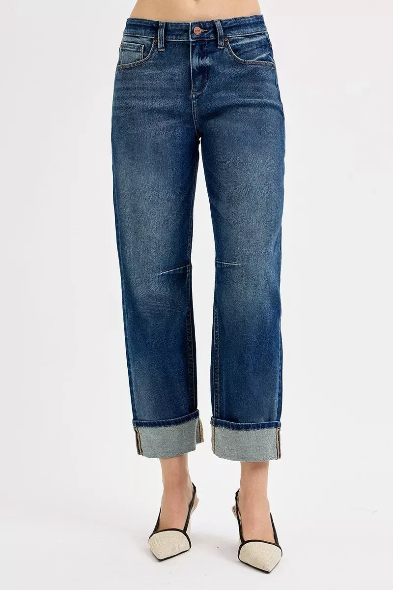RISEN Slouchy Crop Barrel Cuffed Jeans - DAVERRI FASHIONS
