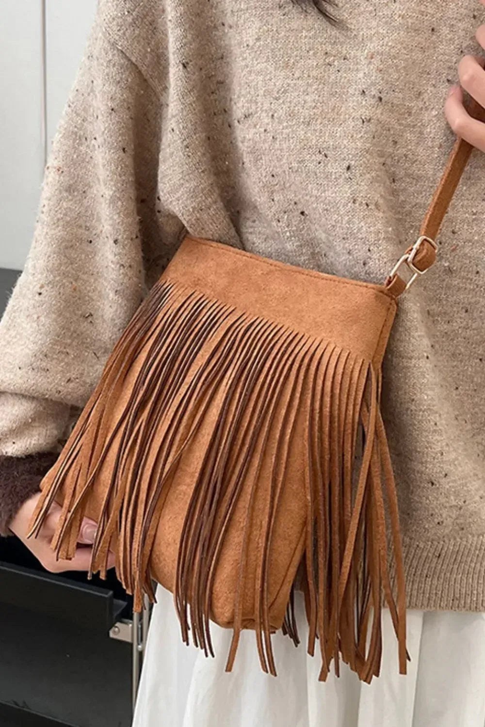 Suede Fringe Shoulder Bag - DAVERRI FASHIONS