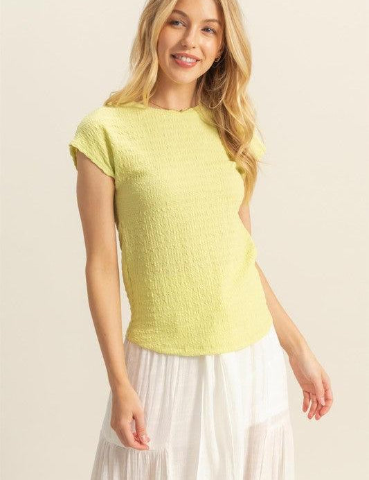 HYFVE Neon Yellow Textured Round Neck Cap Sleeve Knit Top | Tops Daverri Fashions