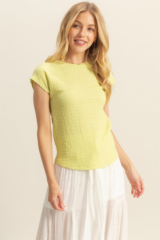 HYFVE Neon Yellow Textured Round Neck Cap Sleeve Knit Top Tops