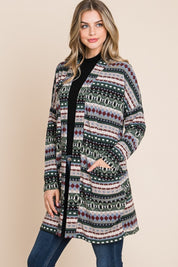 BOMBOM Geometric Open Front Long Sleeve Cardigan with Pockets | Daverri Fashions
