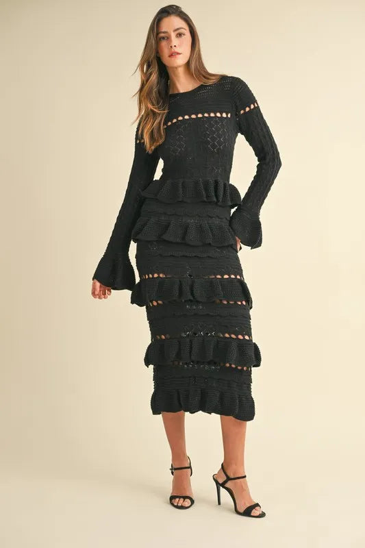 MABLE Long Sleeve Tiered Ruffle Knit Midi Dress