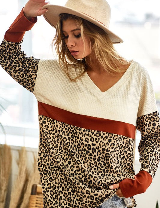 BiBi Waffle Knit Leopard Color Block V-Neck Top