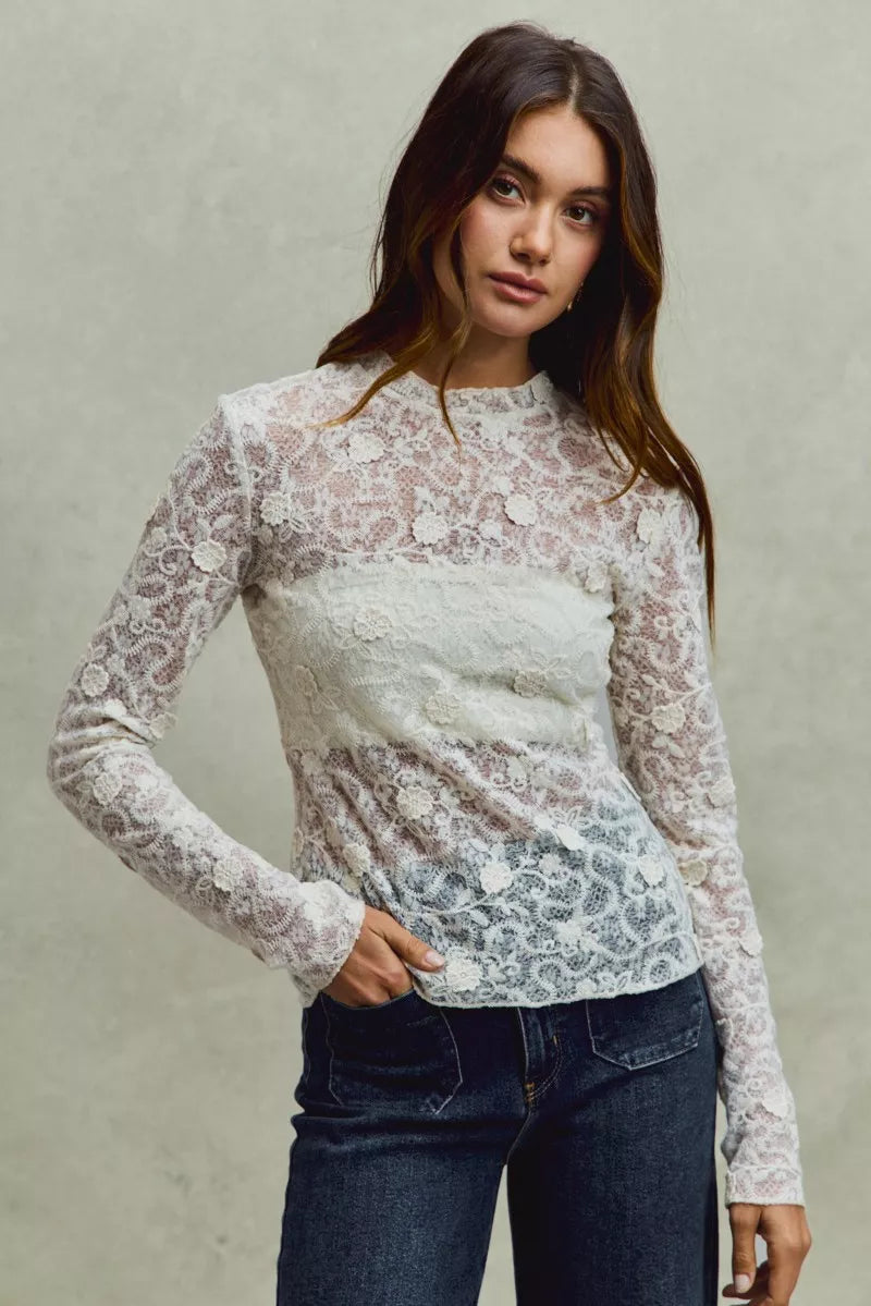 SO ME lace long-sleeve top with ivory floral embroidery and high neck