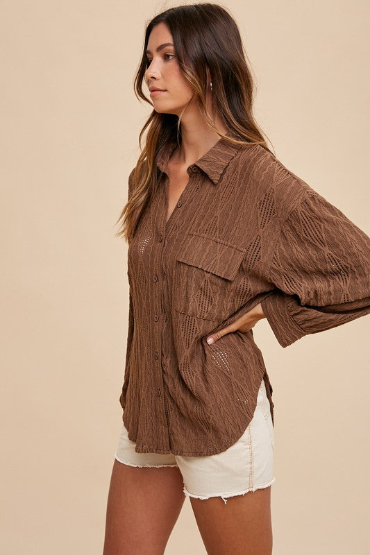 Annie Wear Openwork Button Down Drop Shoulder Shirt Tops