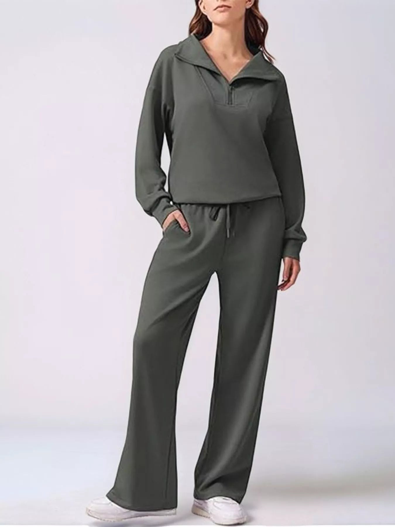 Daverri olive green quarter-zip hoodie and wide-leg pants set