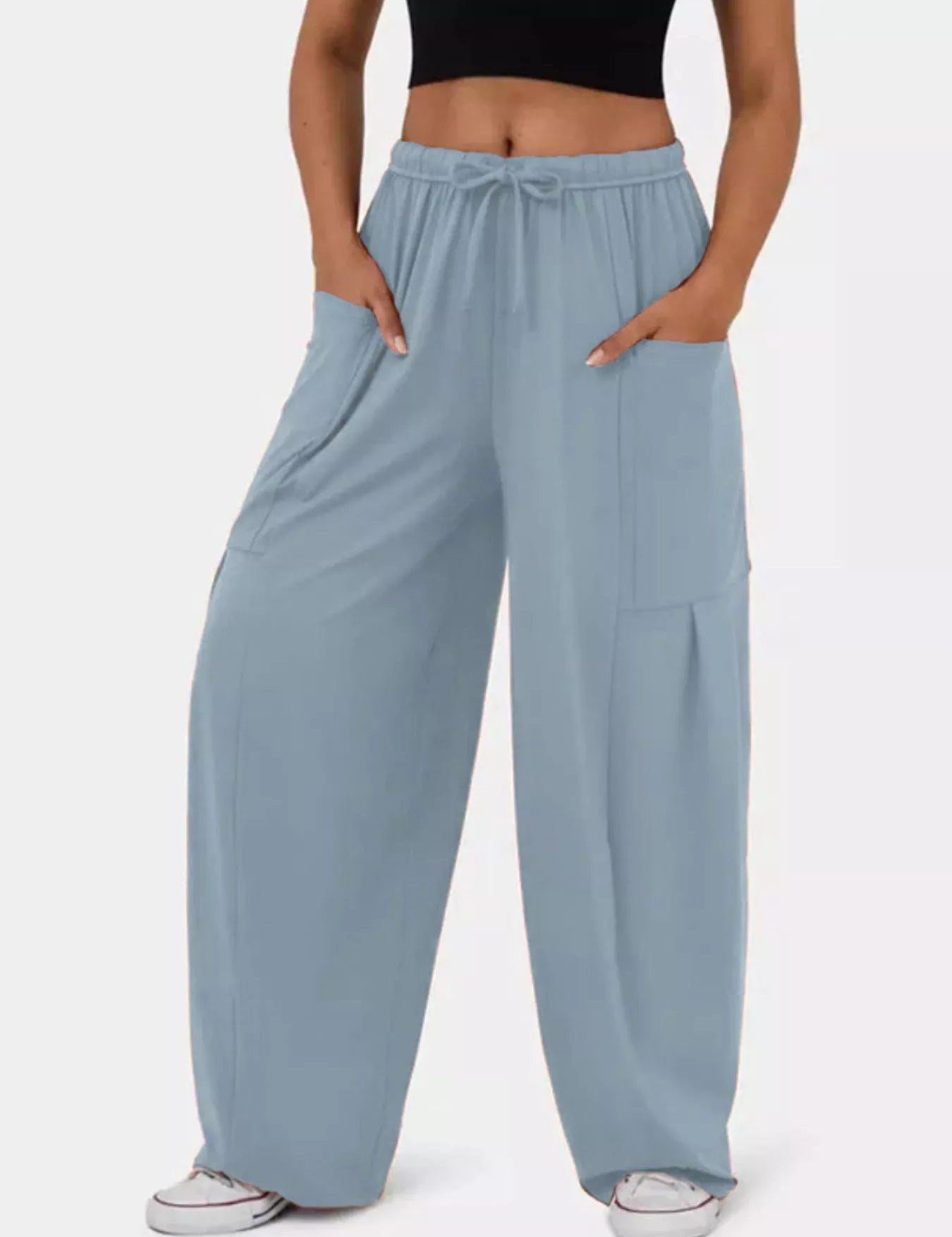 Gray Blue Drawstring Wide Leg Pants | Pants Daverri Fashions