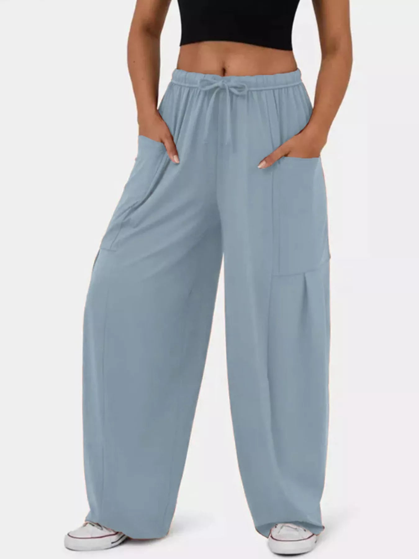Gray Blue Drawstring Wide Leg Pants | Pants Daverri Fashions