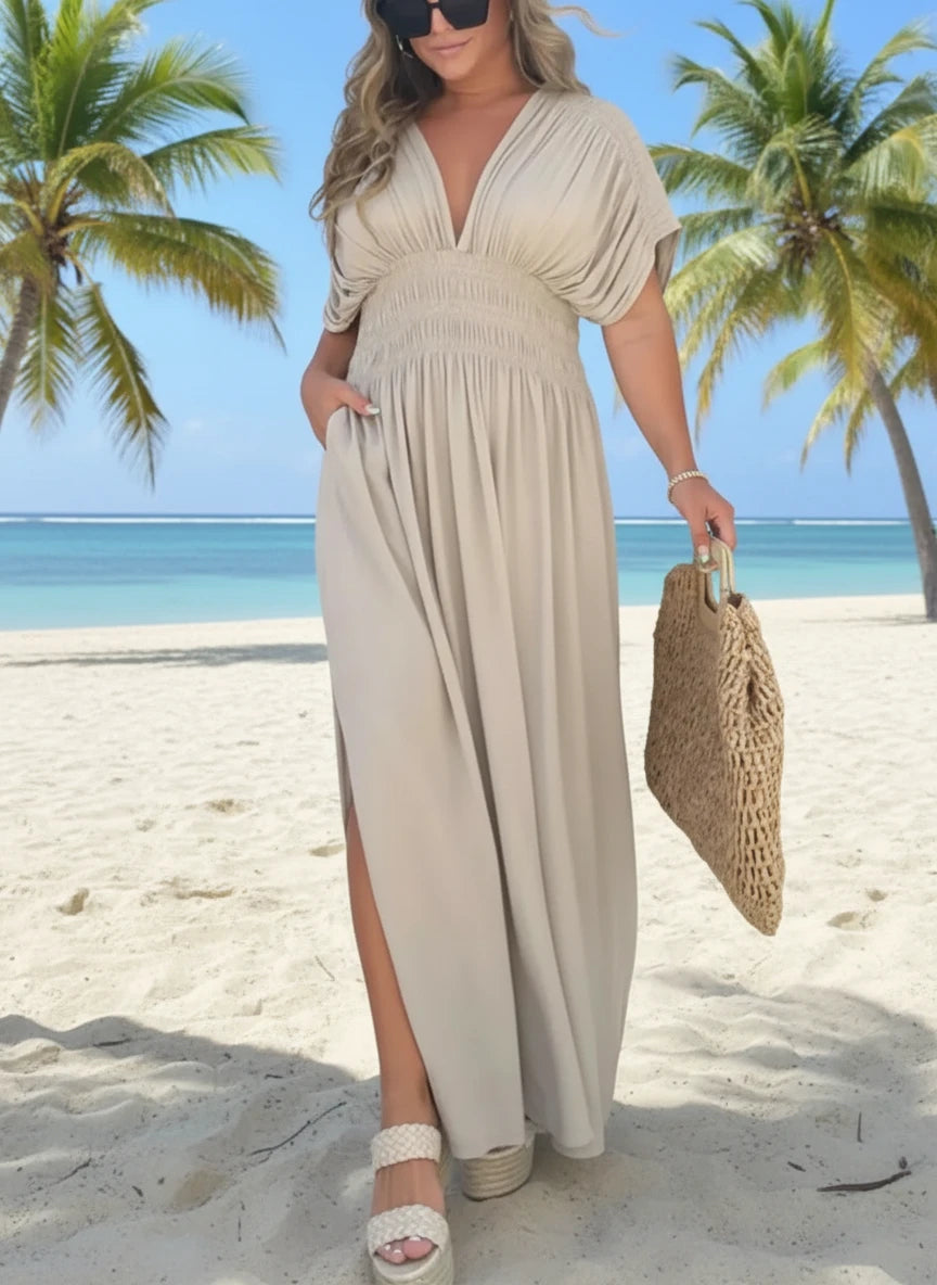 Beige Daverri flowy plus size V-neck maxi dress with side slit