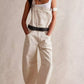 Wide strap wide leg denim overalls in cream with white strap detail and black studded belt