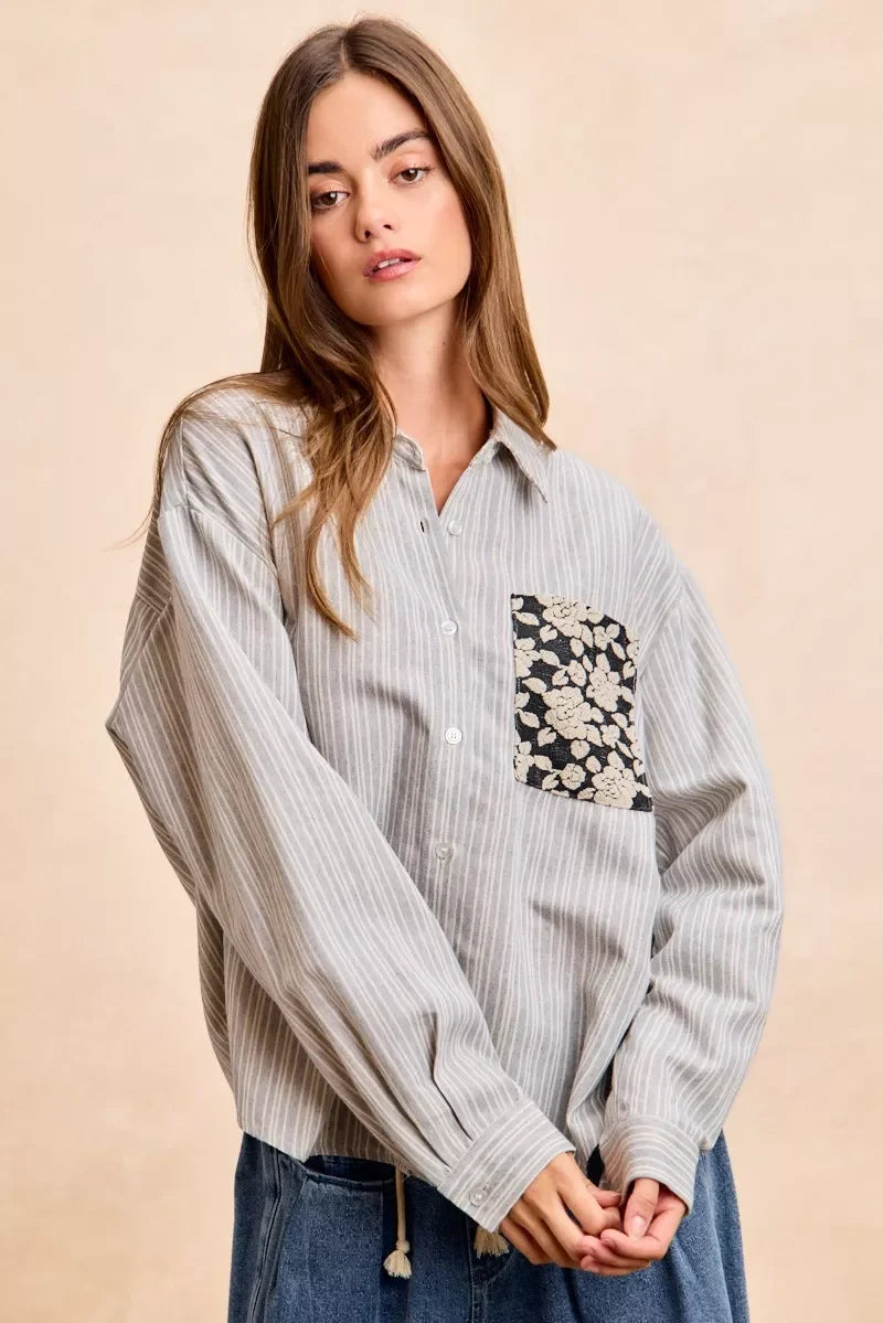 BiBi Flower Jacquard Knit Patch Pocket Stripe Shirt in gray-white stripes