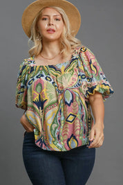 Umgee Abstract Print Smocked Square Neck Puff Sleeve Blouse Plus | Blouses Daverri Fashions