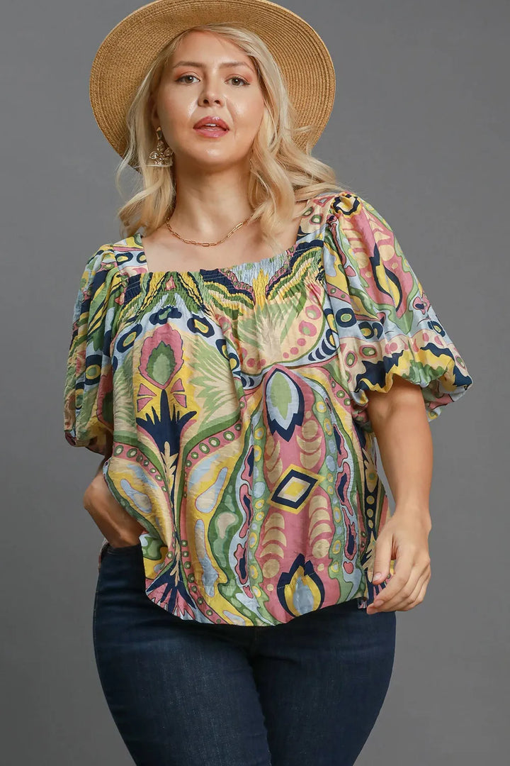 Umgee Abstract Print Smocked Square Neck Puff Sleeve Blouse Plus | Blouses Daverri Fashions