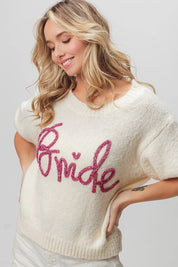 Cream and pink sequined bride BiBi Metallic Letter short puff sleeve sweater