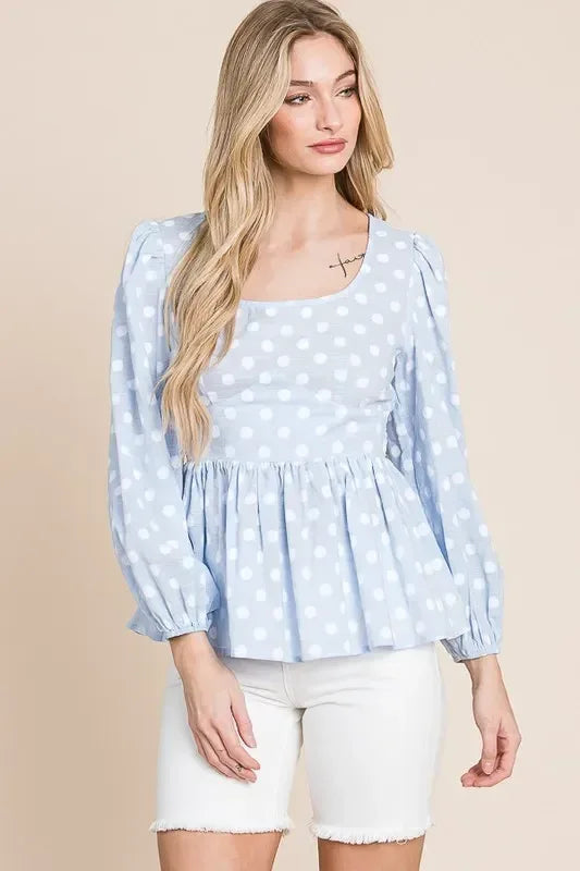 Lime 'N' Chili Polka Dot Print Balloon Sleeve Babydoll Peplum Top - DAVERRI FASHIONS