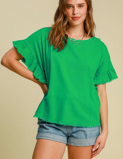 Umgee Full Size Raw Hem Ruffle Short Sleeve Blouse Plus Size Green