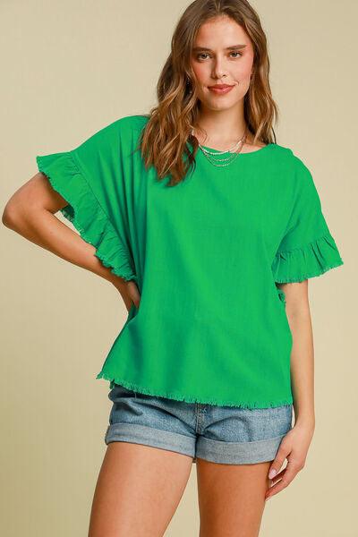 Umgee Full Size Raw Hem Ruffle Short Sleeve Blouse Plus Size Green Blouses