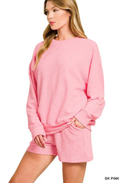 Zenana Slub Long Sleeve Top and Shorts Set | Loungewear Sets Daverri Fashions
