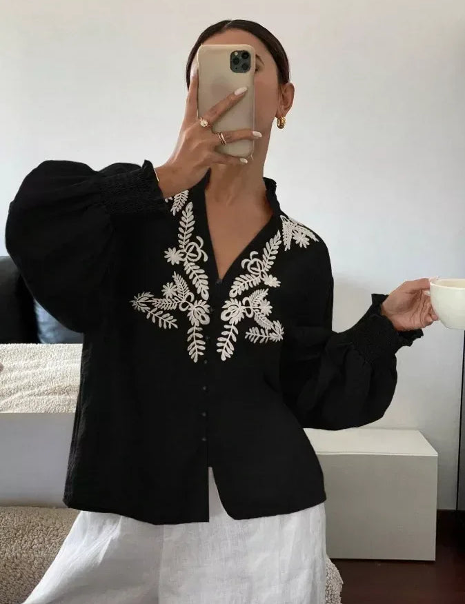 Daverri Fashions Embroidered Notched Long Sleeve Blouse - DAVERRI FASHIONS