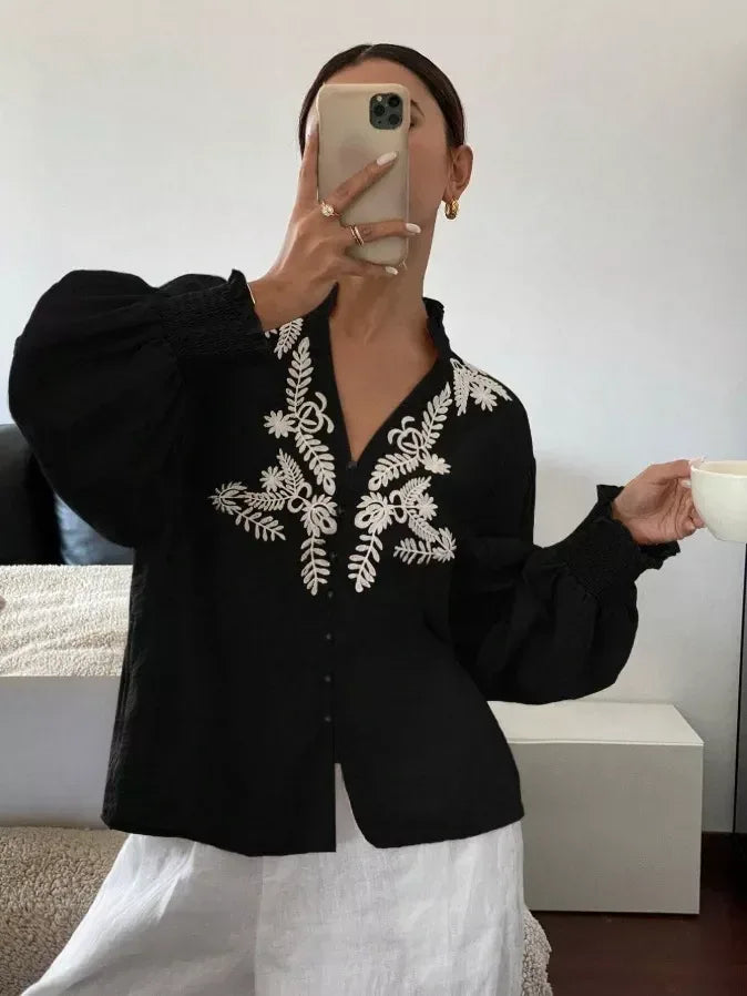 Daverri Fashions Embroidered Notched Long Sleeve Blouse - DAVERRI FASHIONS