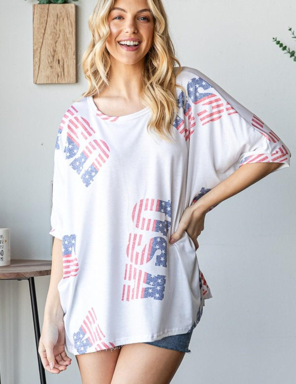 HOPELY Letter Graphic Round Neck T-Shirt Patriotic Clothing