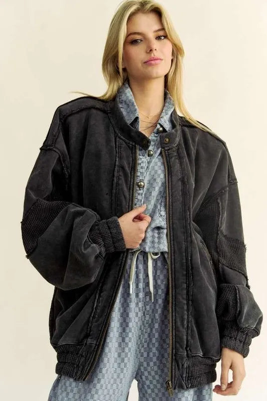Davi & Dani Exposed Seam Zip Up Dropped Shoulder Jacket Black