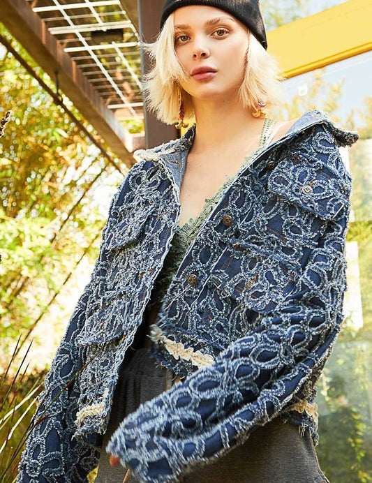 Flower Textured Raw Hem Long Sleeve Denim Jacket Dark Jackets