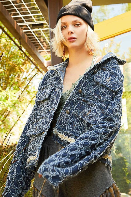 Flower Textured Raw Hem Long Sleeve Denim Jacket Dark Jackets