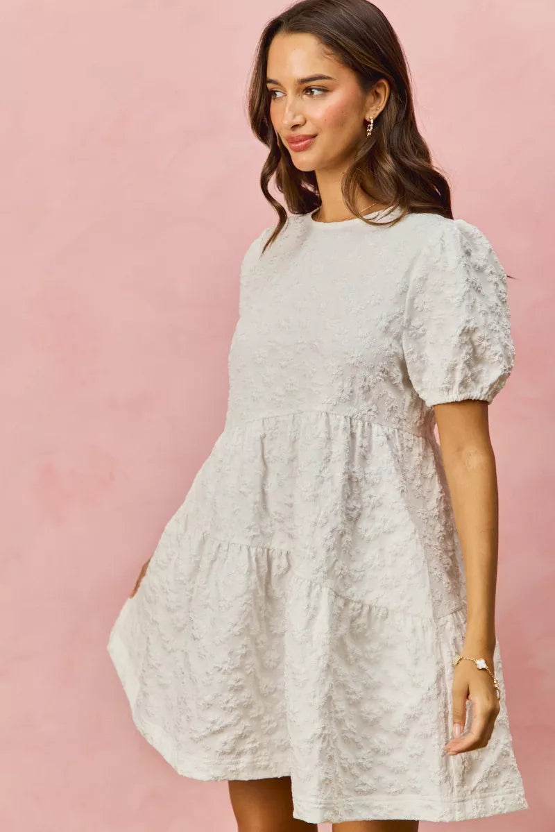 Light gray floral jacquard diagonal tiered short mini dress with lace texture