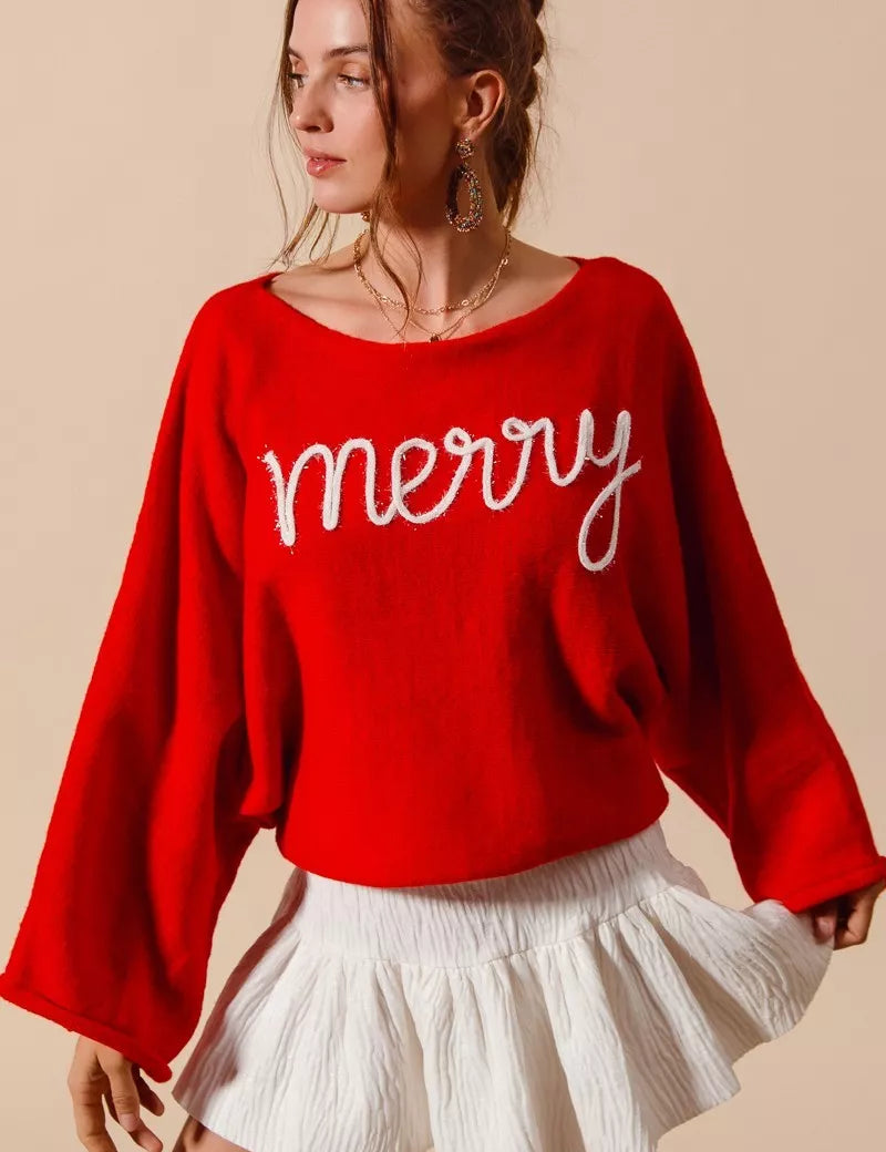 RED IVORY SO ME Merry Tinsel Lettering Christmas Sweater Top Red | Sweaters Daverri Fashions