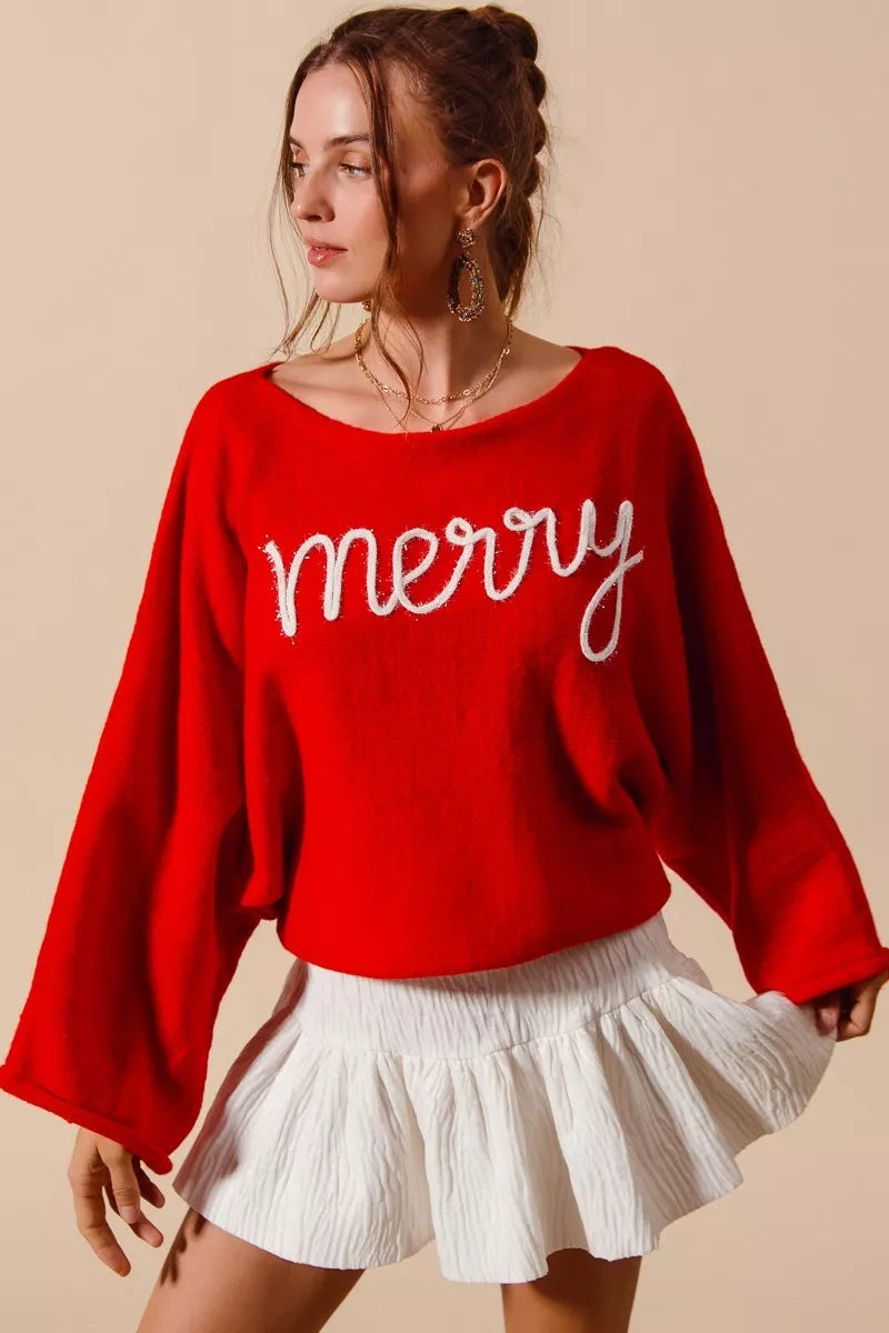 RED IVORY SO ME Merry Tinsel Lettering Christmas Sweater Top Red | Sweaters Daverri Fashions