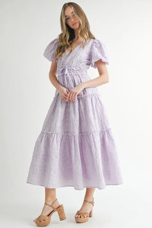MABLE Eyelet Lace Puff Sleeve V Neck Midi Dress