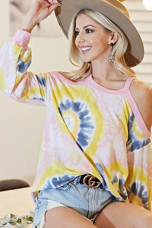 BiBi Tie Dye Print Terry Top with Cold Shoulder Detail | Tops Daverri Fashions